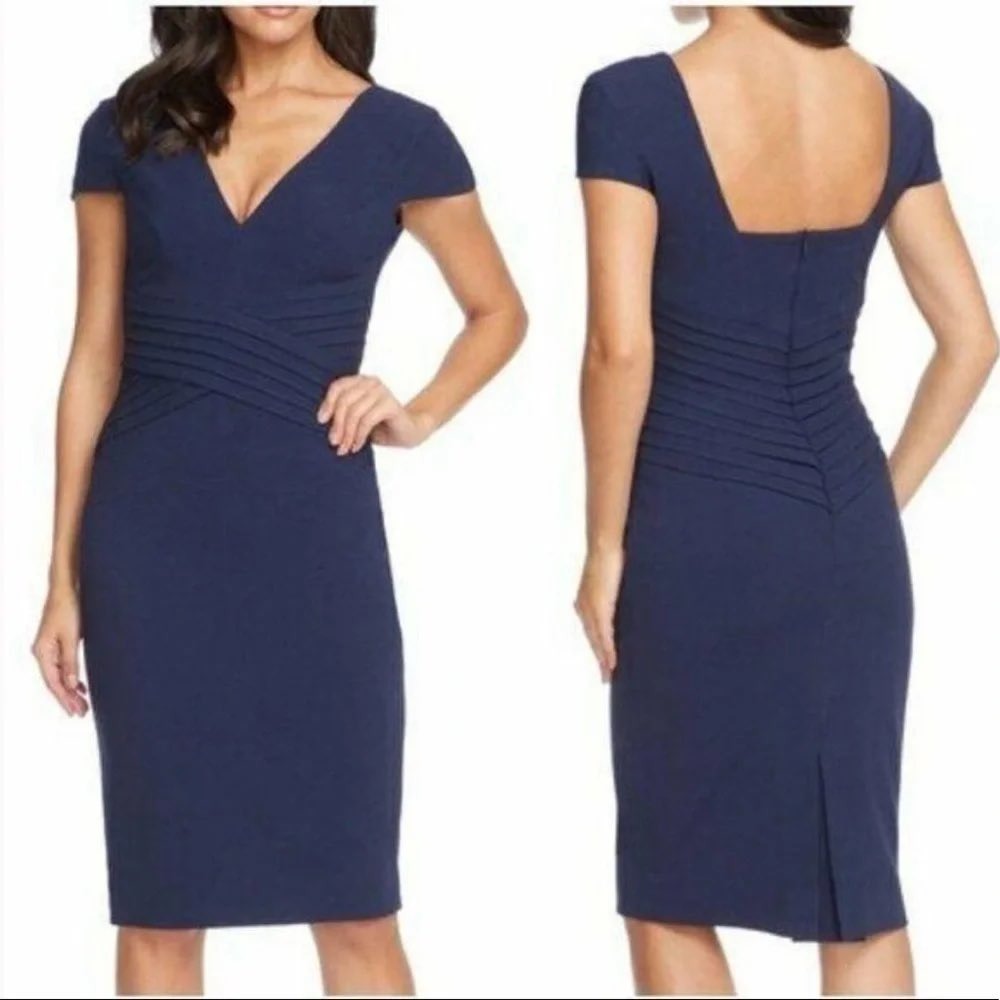 Dress the Population‎ Dolores Navy Blue V-Neck Pleated Sheath Dress Small NWT